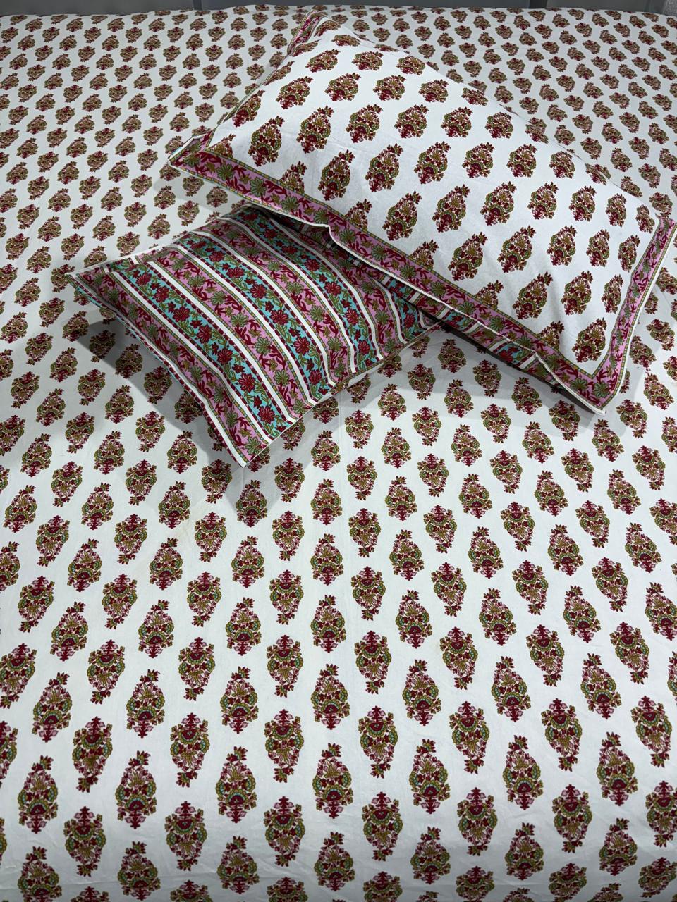 Handblock Printed Cotton Bedsheet King Size with 2 Pillow Covers | South Murgan Fabric | 90×108 Double Bed