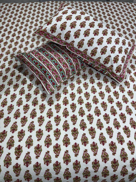 Handblock Printed Cotton Bedsheet King Size with 2 Pillow Covers | South Murgan Fabric | 90×108 Double Bed
