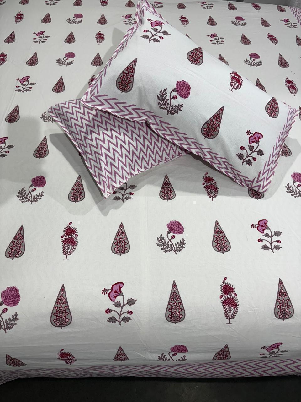 Handblock Printed Cotton Bedsheet King Size with 2 Pillow Covers | South Murgan Fabric | 90×108 Double Bed