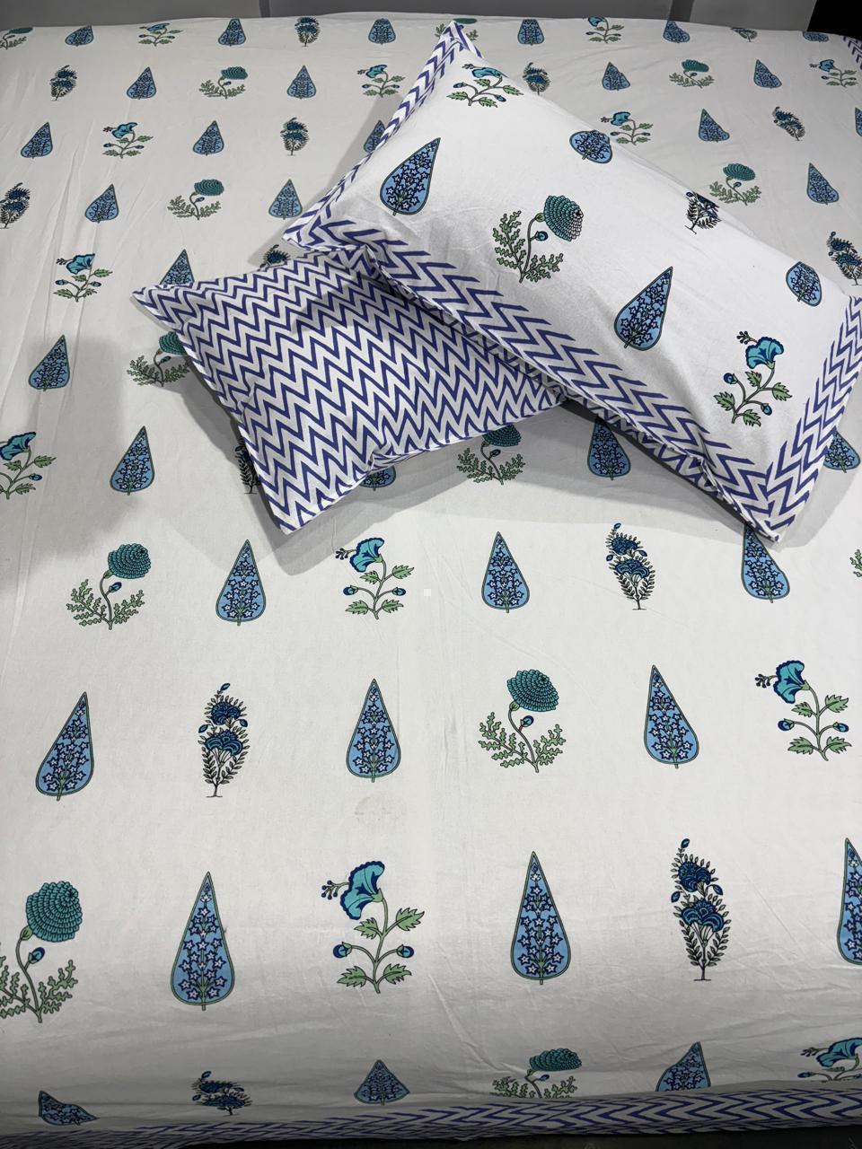 Handblock Printed Cotton Bedsheet King Size with 2 Pillow Covers | South Murgan Fabric | 90×108 Double Bed