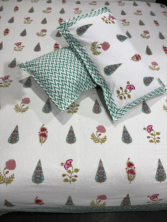 Handblock Printed Cotton Bedsheet King Size with 2 Pillow Covers | South Murgan Fabric | 90×108 Double Bed