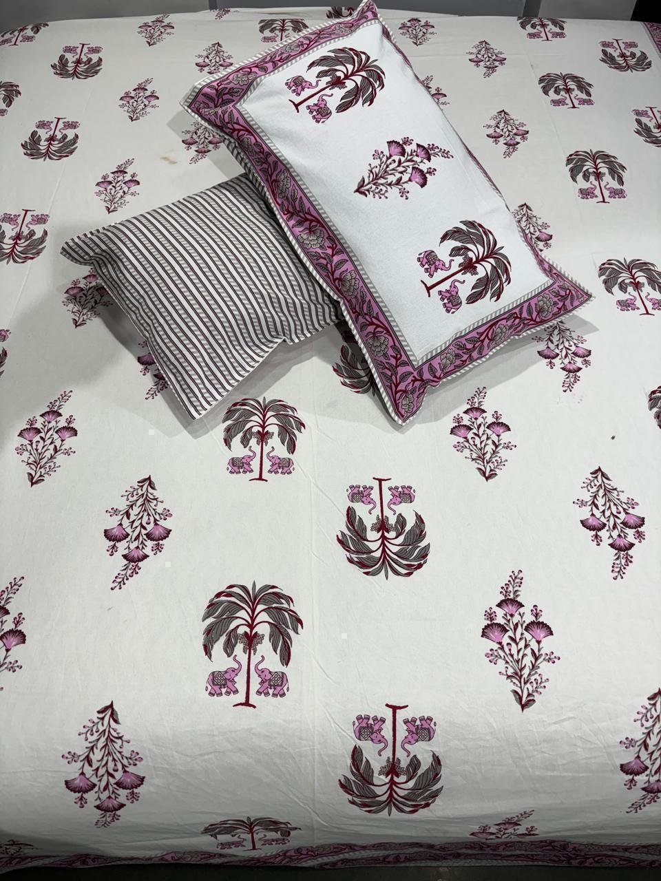 Handblock Printed Cotton Bedsheet King Size with 2 Pillow Covers | South Murgan Fabric | 90×108 Double Bed