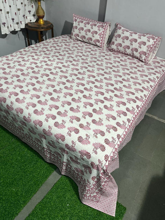 Handblock Printed Cotton Bedsheet King Size with 2 Pillow Covers | South Murgan Fabric | 90×108 Double Bed