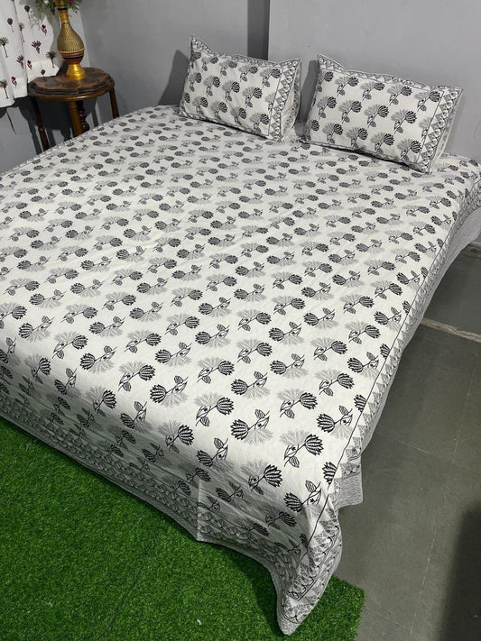 Handblock Printed Cotton Bedsheet King Size with 2 Pillow Covers | South Murgan Fabric | 90×108 Double Bed