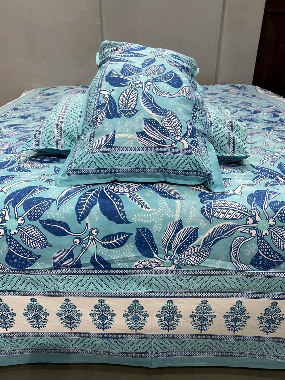 Handblock Printed Cotton Bedsheet King Size with 2 Pillow Covers | South Murgan Fabric | 90×108 Double Bed