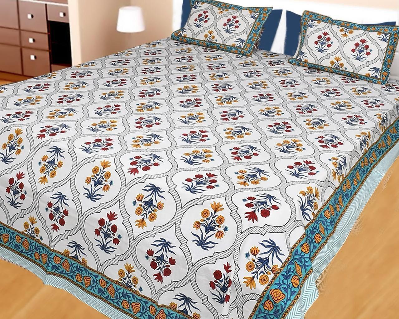 Handblock Printed Cotton Bedsheet King Size with 2 Pillow Covers | South Murgan Fabric | 90×108 Double Bed