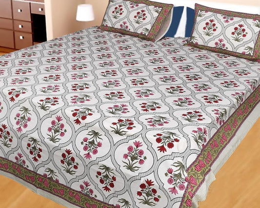 Handblock Printed Cotton Bedsheet King Size with 2 Pillow Covers | South Murgan Fabric | 90×108 Double Bed