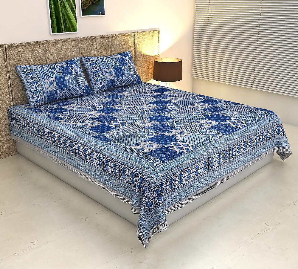Handblock Printed Cotton Bedsheet King Size with 2 Pillow Covers | South Murgan Fabric | 90×108 Double Bed