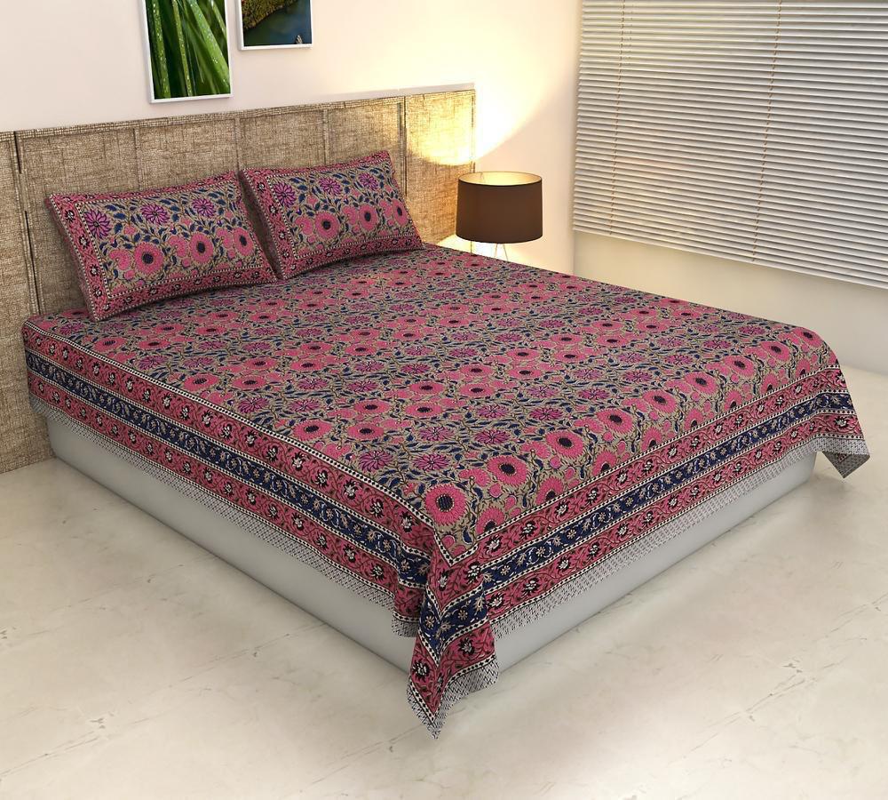Handblock Printed Cotton Bedsheet King Size with 2 Pillow Covers | South Murgan Fabric | 90×108 Double Bed