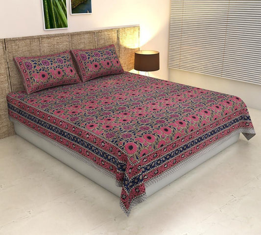 Handblock Printed Cotton Bedsheet King Size with 2 Pillow Covers | South Murgan Fabric | 90×108 Double Bed