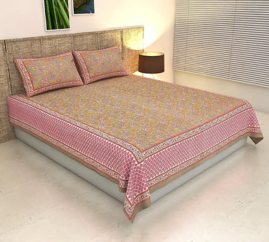 Handblock Printed Cotton Bedsheet King Size with 2 Pillow Covers | South Murgan Fabric | 90×108 Double Bed