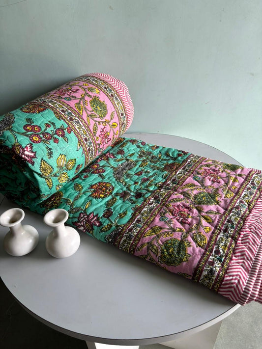 Premium Reversible Quilted Bedcover King Size | Pure Cotton 3-Layer Comforter | Double Bed Bedding by Handblock Jaipur
