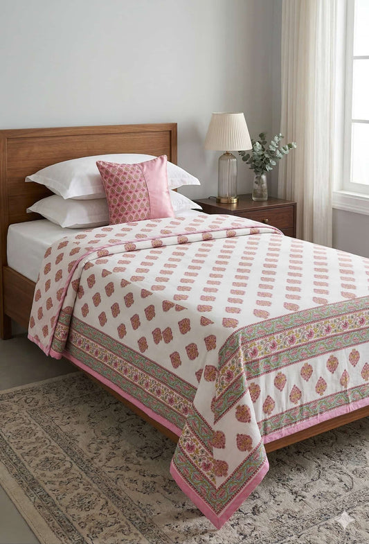 Handblock Cotton Dohar Single Bed 60x90 | 3 Layer Pure Cotton Falaline Lightweight Summer Blanket | Handmade by The Handblock Jaipur
